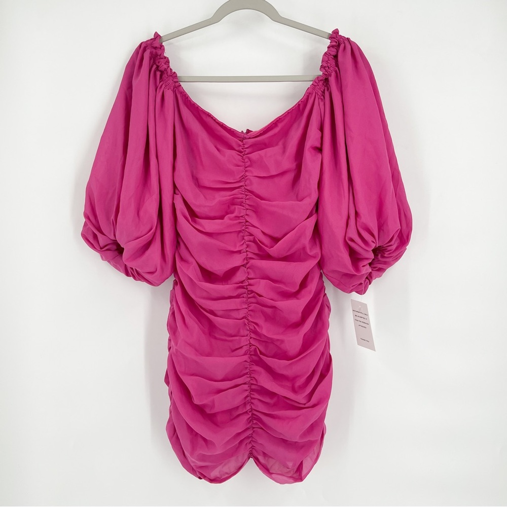 NWT For Love And Lemons Bali Ruched Puff Sleeve Mini Dress Bright Pink Medium